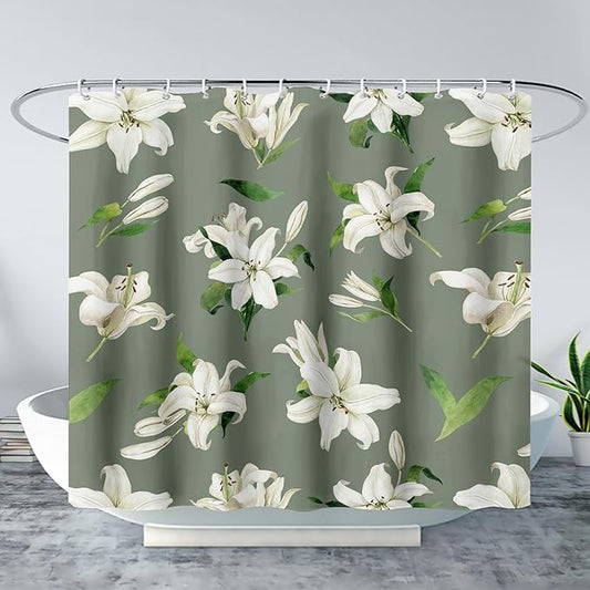 AILONEN Flower Shower Curtain, Vintage Garden Lilies Theme Waterproof Fabric Shower Curtain Set,Green Spring Flowers Bathroom Decor for Teen Girls Women,36" W*72" H