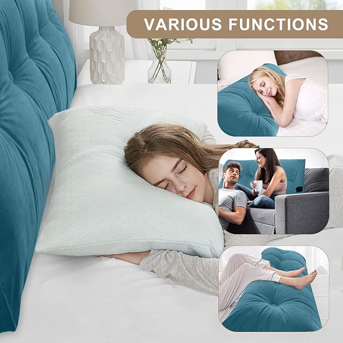 Large Triangular Headboard Pillows Long Backrest Positioning Support Bolster Cushion for Daybed Fluffy Quality Plush Body Wedge Pillow with Removable Cover(Dark blue-Full-54x8x20in)