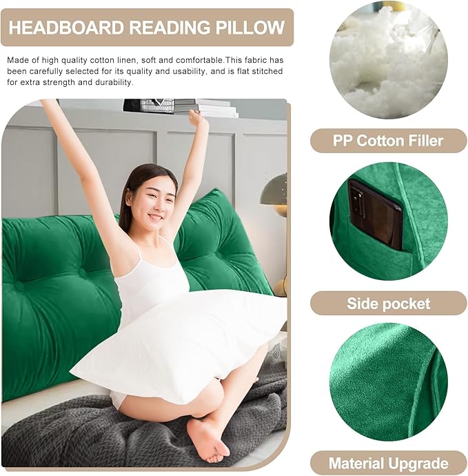 Large Triangular Headboard Pillows Long Backrest Positioning Support Bolster Cushion for Daybed Fluffy Quality Plush Body Wedge Pillow with Removable Cover(Dark green-24x8x20in)