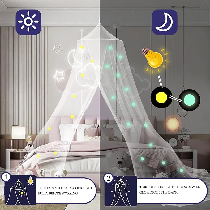 Daksha White Princess Bed Canopy for Girls with Glowing Dots, Ceiling Tent for Kids, Fits Twin, Full, and Queen Size Beds, Suitable for Indoor Room Decor and Outdoor Use