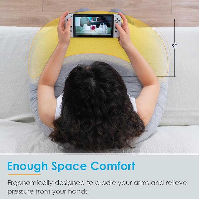 QUEEN ROSE Reading Pillow for Gaming, Lap Desk Pillow for Sitting in Bed or Sofa, Compact Arm Support Pillow for Reading, Playing or Crocheting, Cooling Grey