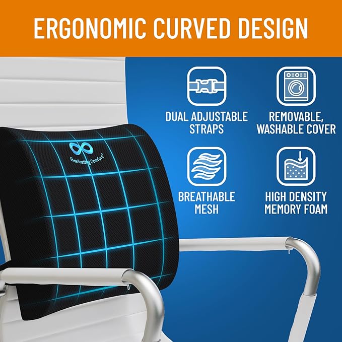 Everlasting Comfort Lumbar Support Pillow for Office Chair - Memory Foam Back Cushion for Chair, Car, Couch - Lumbar Pillow Promotes Better Posture, Back Pain Relief - Gaming and Desk Chairs - 2 Pack