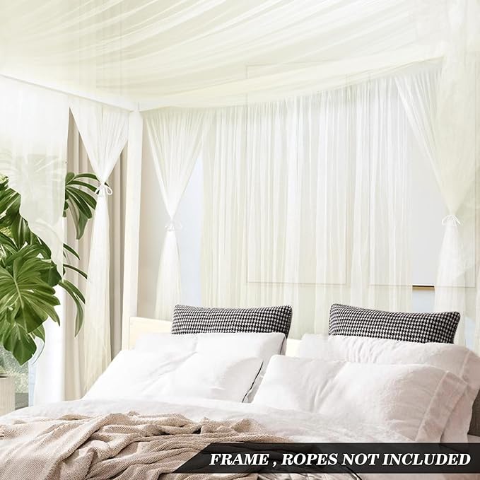 South to East Beige Canopy Bed Curtains, 4 Corner Post Bed Canopy, Top Elegant Bed Drapes for Bedroom Decor, 75D Polyester Mesh, Easy Install, Bed Curtain for King/Queen/Full Size