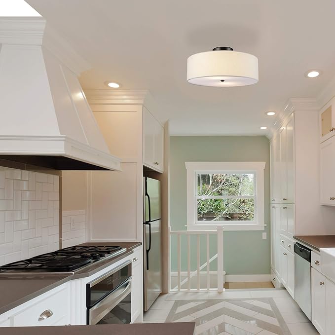 Globe Electric 60315 2-Light Flush Mount Ceiling Light, Dark Bronze, White Linen Shade, Kitchen, Lights, Bathroom, Home Essentials, Bedroom, Closet Light, Lighting Fixtures