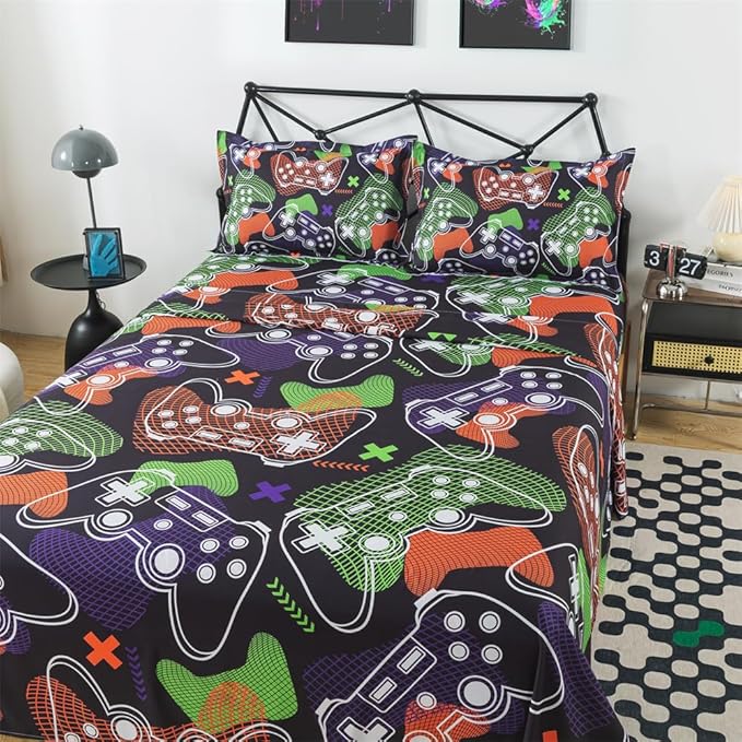 qjmiaofang Gamer Sheets Twin for Boys Gamer Sheet Set Video Game Bed Sheet Set 3Pieces Gaming Sheets Twin Gamer Fitted Sheet Gaming Bedding Set 1 Fitted Sheet 1 Flat Sheet 1 Pillowcase