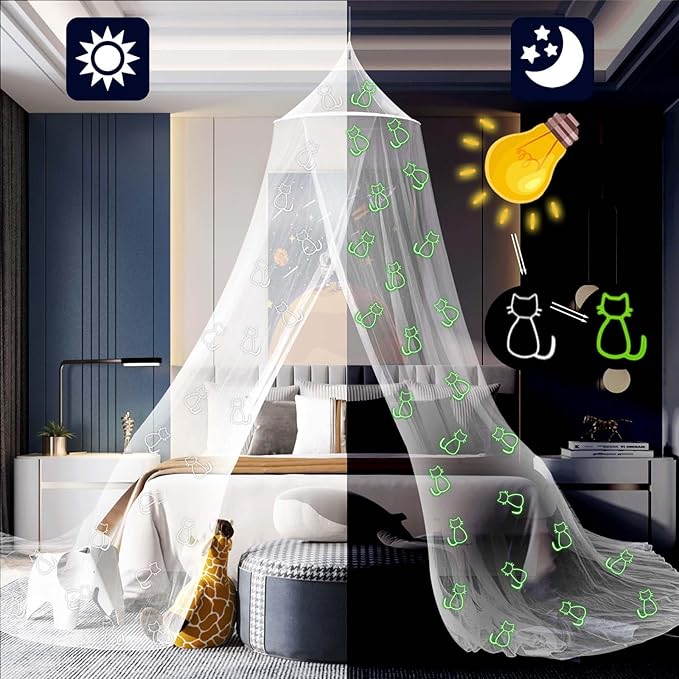 Daksha White Princess Bed Canopy for Girls with Glowing Cats, White Room Decor, Ceiling Tent for Kids, Fits Twin, Full and Queen Size Beds