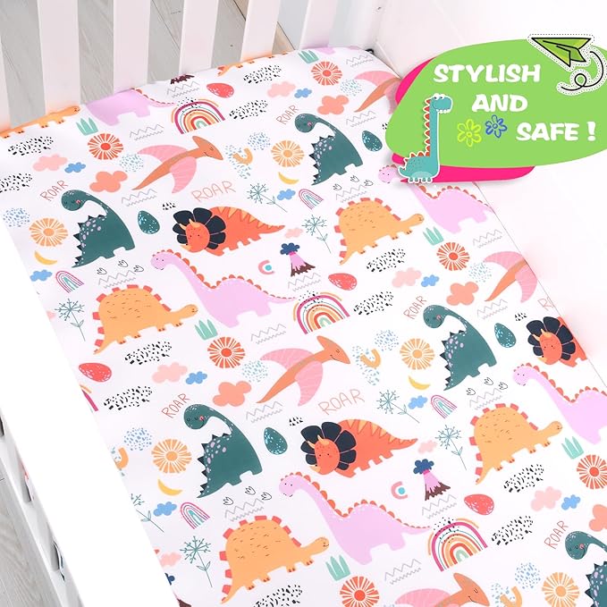 JISEN Baby Crib Sheet 1 Piece Portable Fitted Crib Sheet for Standard Crib and Toddler Mattresses Nursery Bed Decor for Boys Girls 28x52 Inch Multicolor Dinosaurs