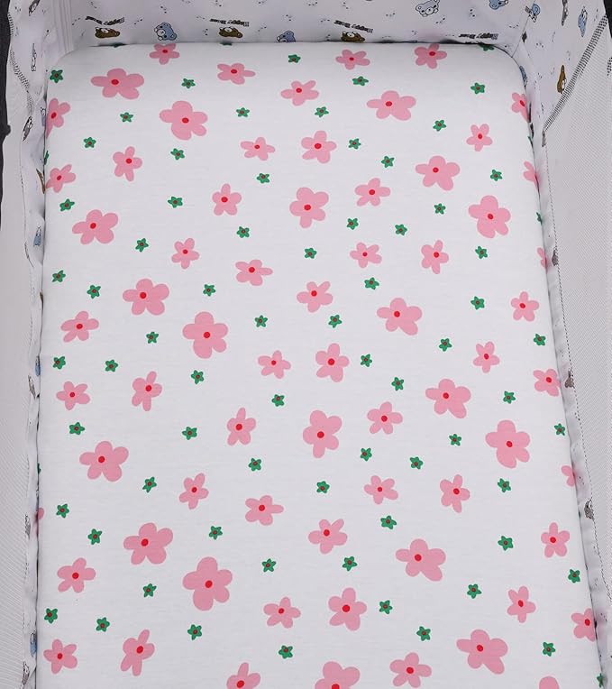 Bassinet Sheets Compatible with Dream On Me Karley (Plus Portable) Bassinet, Chicco LullaGo Portable and ANGELBLISS 3 in 1 Rocking, 2 Pack, 100% Jersey Knit Cotton 190GSM, Ultra Soft, Floral and Pink