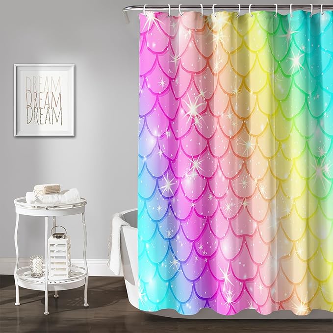 AILONEN Mermaid Scale Shower Curtain,Rainbow Mermaid Scale Bath Curtain Gifts for Girls,Polyester Waterproof for Bathroom with 12 Plastic Hooks 72" W*78" H