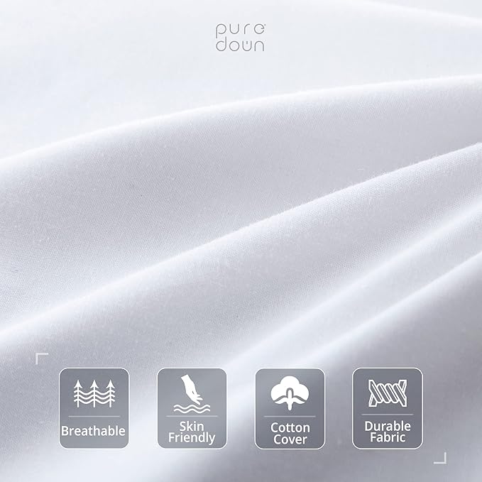 Puredown® Feathers Blend Soft and Flat Pillow with 100% Cotton Cover, Standard Size, Set of 2