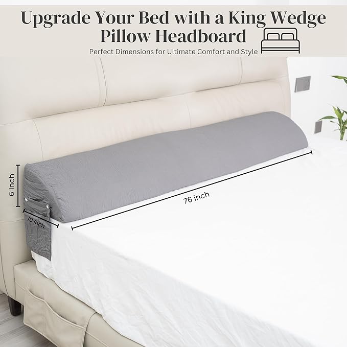 Wedge Pillow Headboard | Soft Headboard Pillow with 2 Side Packets, Triangle Pillow Wedge for Headboard, Bed Gap Filler Headboard Wedge Pillow, Ideal Bed Wedge Pillow for Headboard - King