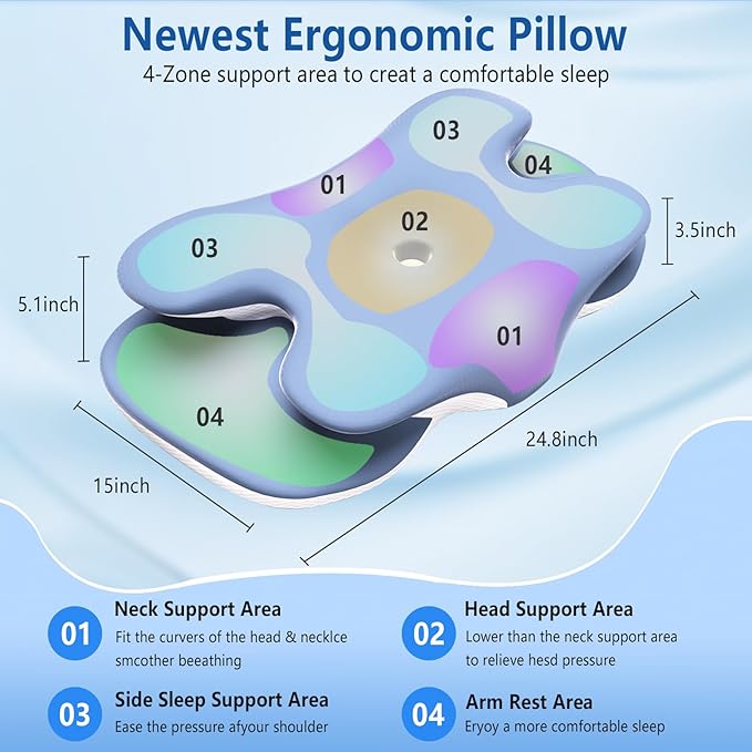 Cervical Neck Pillow for Pain Relief, Contour Memory Foam Pillow with Ice Silk Pillowcase, Neck Support Pillows, Ergonomic Orthopedic Pillow for Back, Side, Stomach Sleepers (Blue)