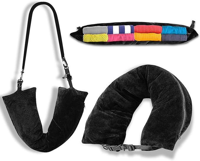 Travel Neck Pillow Stuffable with Clothes,Stuffable Neck Pillow for Traveling,Fillable Travel Neck Pillow Extra Storage Bag,Soft Velvet Neck Pillow Case Cover,Packable for Airplane Travel Essentials