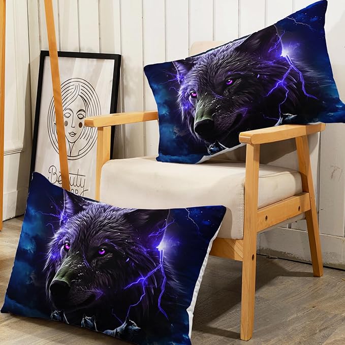 AILONEN Wolf Fitted Sheet Set Twin Size, Black Wolf Lightning Howling Wolf Bed Sheet Set for Boys,Wildlife Soft 3D Printed Fitted Sheet with 2 Pillowcases,3 Pieces
