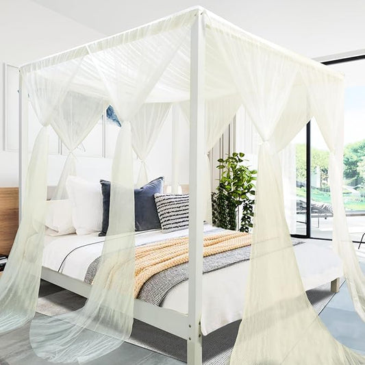 tupi Beige Canopy Bed Curtains for King/Queen Size Bed, 4 Corner Adult Bed Canopy, Ultra Elegant Bed Curtain Drapes Bedroom Decor, Stylish Polyester Netting Canopy, Easy Installation