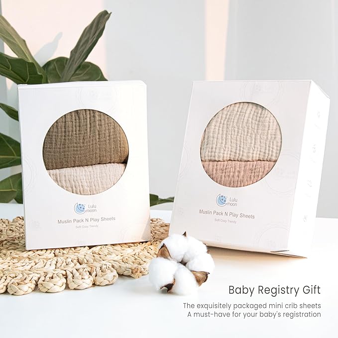 Mini Crib Sheets Muslin: Pack and Play Sheets for Boys and Girls - Cotton Fitted Crib Sheet for Pack N Play Mattress and Playard 2Pack 24"x38"