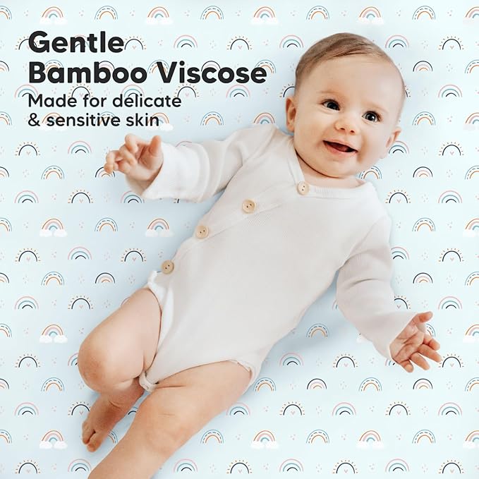 Pack and Play Sheets Fitted, 2-Pack Mini Crib Sheets - Pack N Play Sheets, Organic Fitted Crib Sheet for Pack and Play Mattress, Playard Baby Crib Sheets, Crib Sheets Neutral for Boys (Jolly Rainbow)