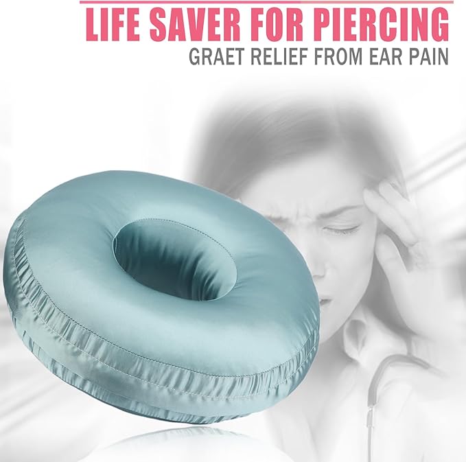 Satin Ear Piercing Pillow Removable Cover Luxury Cnh Pillow with Ear Holes for Ear Pain Side Sleepers Washable Large Donut Pillows Head Neck Support Turquoise