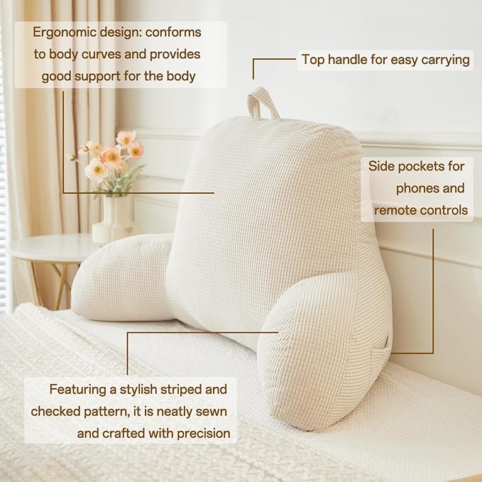 Back Pillow for Bed Sitting Up,Reading Pillow for Sitting in Bed Adult with Arm Pillow,Back Rest Pillow for Sitting in Bed with Pockets,While Gaming,Working,Watching,Standard-Ivory