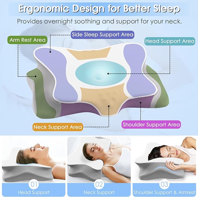 Cervical Neck Pillow for Pain Relief: Ergonomic Orthopedic Contour Pillow - Memory Foam Pillows (Butterfly)