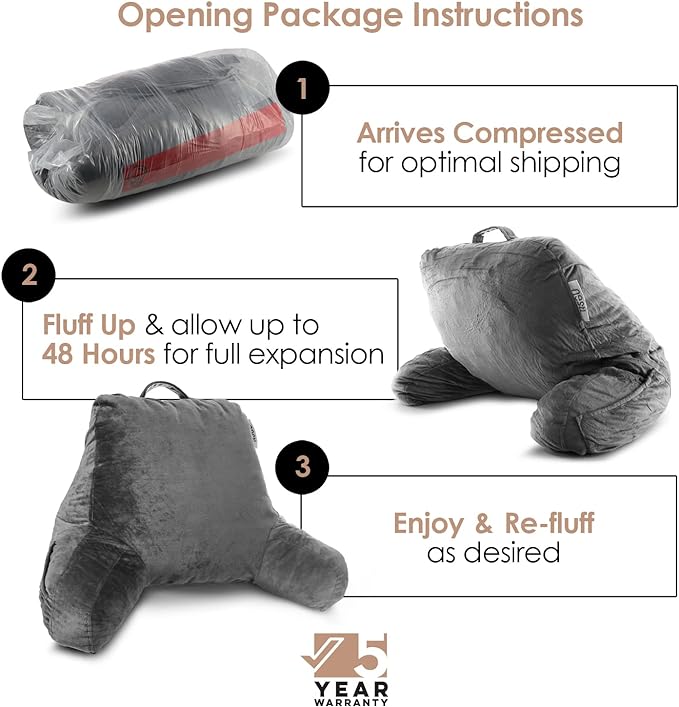 Nestl Reading Pillow Standard Bed Pillow, Back Pillow for Sitting in Bed Shredded Memory Foam Chair Pillow, Reading & Bed Rest Pillows Grey Back Pillow for Bed, Bed Chair Arm Pillow with Pockets