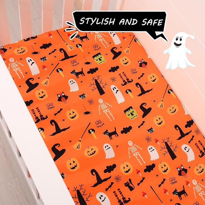 JISEN Baby Crib Sheet 1 Piece Portable Fitted Crib Sheet for Standard Crib and Toddler Mattresses Nursery Bed Decor for Boys Girls 28x52 Halloween Ghost