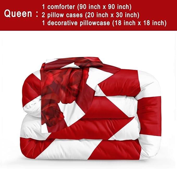 Bedbay Rose Flowers Queen Comforter Set Floral Bedding Set for Girls Teen Red Rose Love Heart Printed 4 Pieces Girls Queen Bedding Set Romantic Lovers Couple Bedding Set (Red Heart,Queen)