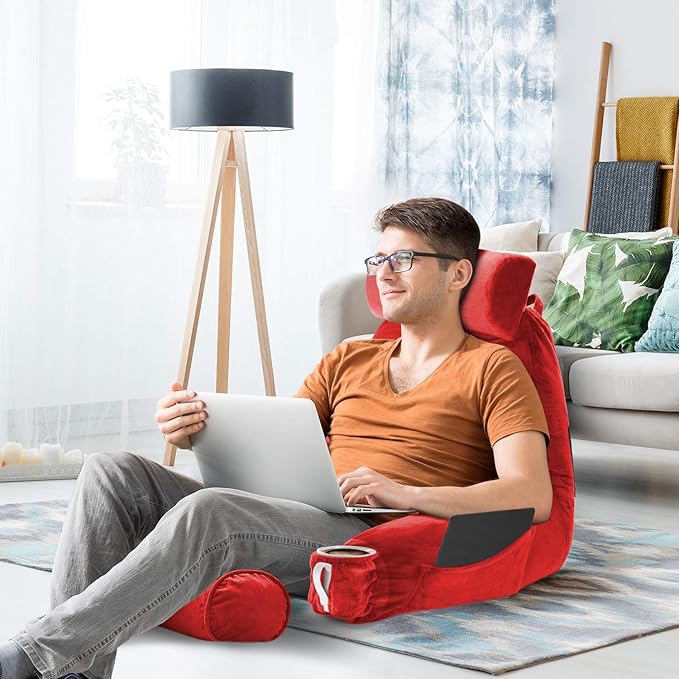 Nestl Reading Pillow Large Bed Pillow, Back Pillow for Sitting in Bed Shredded Memory Foam Chair Pillow, Reading & Bed Rest Pillows Red Back Pillow for Bed, Bed Chair Arm Pillow with Pockets