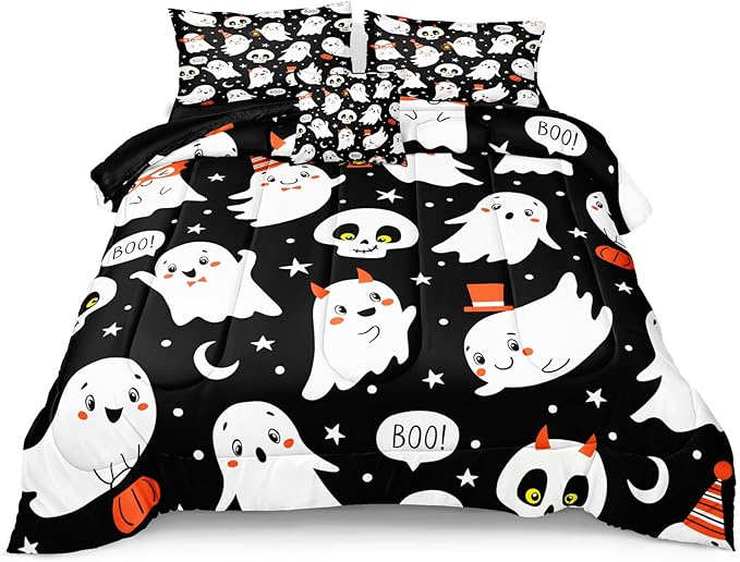 Bedbay Happy Halloween Comforter Set Queen Size Cartoon Ghost Horror Themed Bedding for Kids Boys Teen 4 Pcs Soft Microfiber Bedding Sets for All Season(Ghost,Queen)