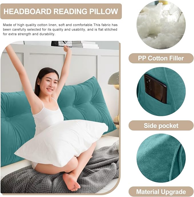 Large Triangular Headboard Pillows Long Backrest Positioning Support Bolster Cushion for Daybed Fluffy Quality Plush Body Wedge Pillow with Removable Cover(Light blue-Queen-59x8x20in)
