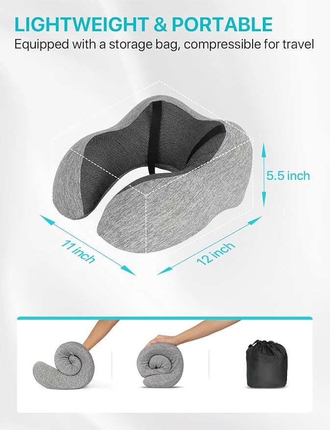 ALLJOY Travel Neck Pillow for Sleeping-Prevents Head Forward,100% Pure Memory Foam Travel Pillow with Eye Mask, Adjustable Clasp, and Seat Strap - Comfort Travel Kit for Airplane, Train, Car