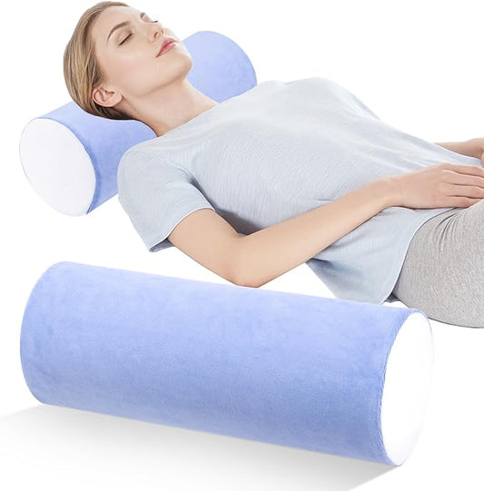 Neck Roll Pillow for Sleeping - 16 x 6.3 Inch Memory Foam Cervical Neck Pillow with Removable Cover - Multifunctional Bolster Pillow for Bed, Couch, Office, Yoga, and Travel (Blue White)