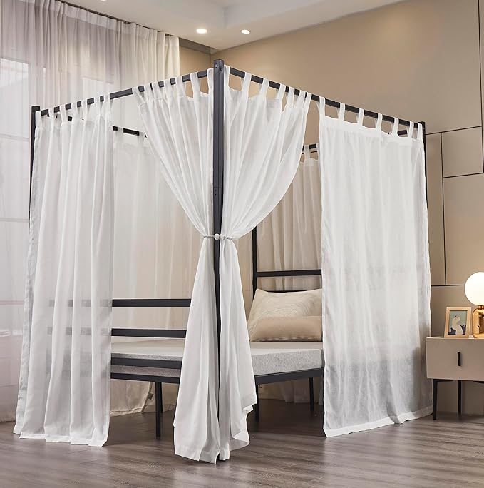 Mengersi Linen Canopy Bed Curtains for Twin,Full,Queen and King Size Bed,Bed Canopy Natural Blended Curtain Panels, 8 Panels Set (All Bed Sizes, White)
