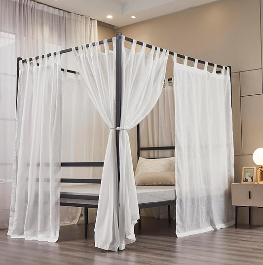 Mengersi Linen Canopy Bed Curtains for Twin,Full,Queen and King Size Bed,Bed Canopy Natural Blended Curtain Panels, 8 Panels Set (All Bed Sizes, White)