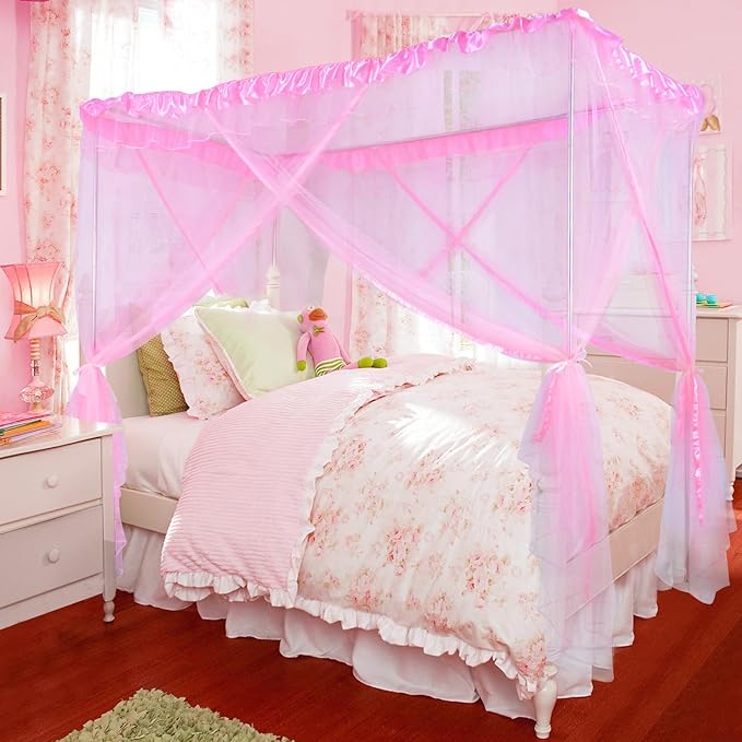 South to East Princess Canopy Bed Curtains for Girls Kids Bed Canopy for Girls 4 Post Bed Curtains Princess Bed Canopy for Girls Room Decor Twin Size Pink, 79" * 39" * 75"