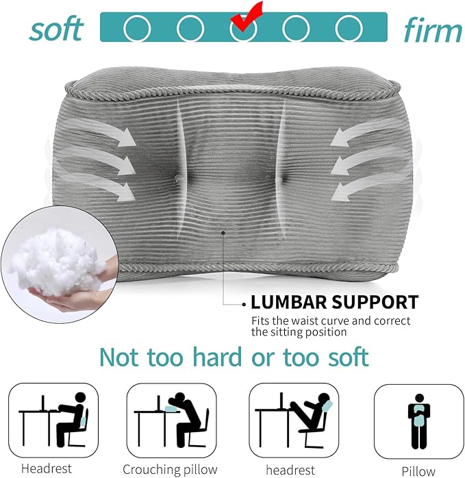 Lumbar Support Pillow for Office Chairs, Back Support Pillow for Lower Back Pain Relief, Soft & Good Support Corduroy Desk Lumbar Cushion, 14.9"x9"x5.5", Small (Grey)
