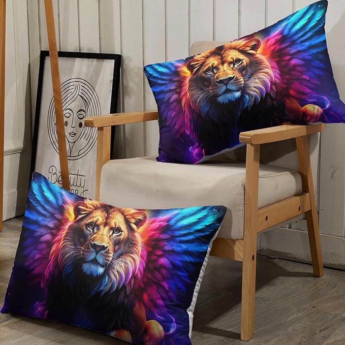 AILONEN Lion Fitted Sheet Set Full Size, 3 Pieces Printed Evening Starry Wings Lion Bed Sheet Set,Colorful Tie Dye Rainbow Fitted Sheet with 2 Pillowcases