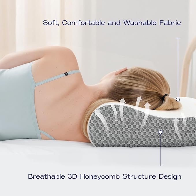 Contoured Neck Pillow Memory Foam - Dual Use Cervical Neck Pillow for Sleeping - Soft Bed Pillow for Neck and Shoulder Pain - Ergonomic Side Sleeper Cervical Pillows (Grey White)