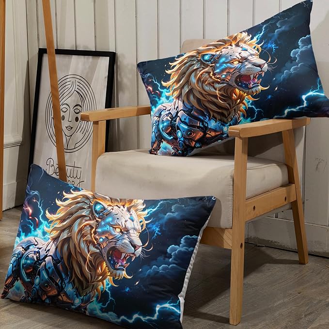 AILONEN Boys Lion Fitted Sheet Set Twin Size, Safari Animal Lion Blue Lightning 3 Pieces Printed Kids Bed Sheet Set,Wildlife Fitted Sheet with 2 Pillowcases