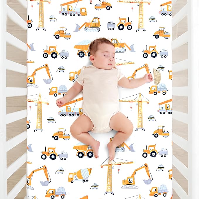 JISEN Baby Crib Sheets Soft Breathable Fitted Crib Sheets Baby Sheet for Standard Crib and Toddler Mattress Baby Bed Sheets for Crib for Baby Boys Girls Neutral 52x28 Inch Construction Trucks