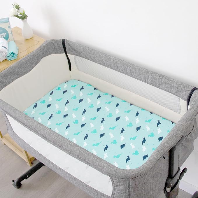 Bassinet Fitted Sheets 4 Pack Compatible with ANGELBLISS (3 in 1), Papablic, QUTANIX, Cowiewie, HARPPA and Nordmiex (3 in 1) Baby Bassinet, Ultra Soft and Skin-Friendly, Aqua Dinosaurs & White Ocean