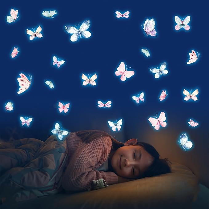 NICENEEDED 3 Sheets Glow in The Dark Butterfly Wall Decal, Glowing Luminous Small Butterfly Wall Stickers, Removable Self-Adhesive Ceiling Sticker Decals for Bedroom Decoration