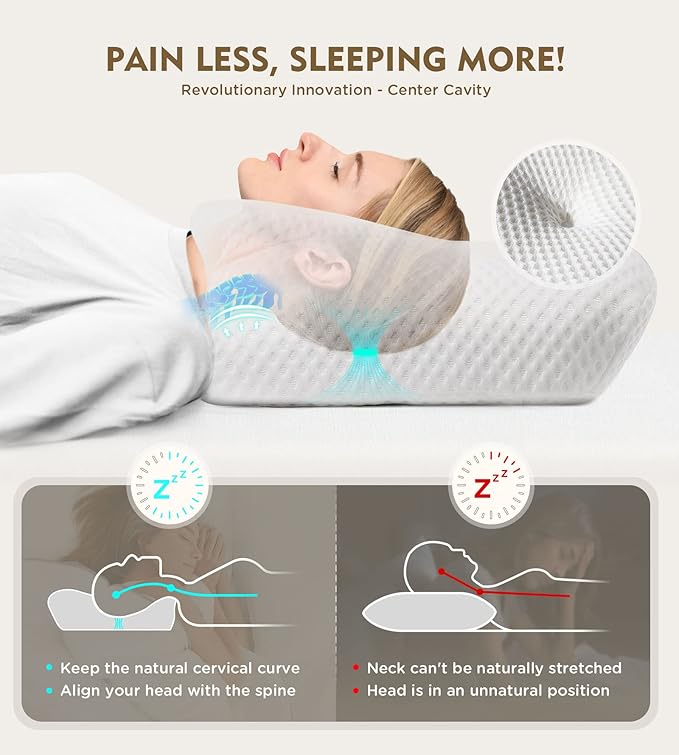 Osteo Cervical Pillow for Neck Pain Relief, Hollow Design Odorless Memory Foam Pillows with Cooling Case, Adjustable Orthopedic Bed Pillow for Sleeping, Contour Support for Side Back Stomach Sleepers