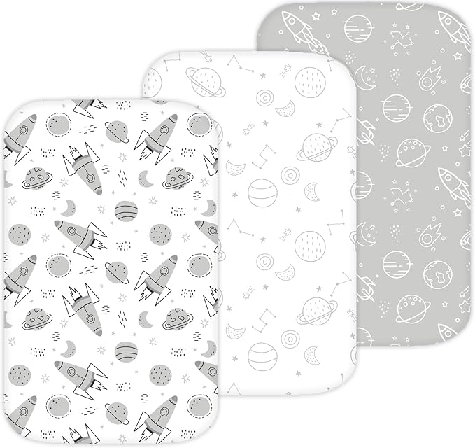 TansyPanda Bassinet Sheets for Angelbliss, Koolerthings, and Koola Baby Bassinet Bedside Sleeper, 3 Pack, 33x20 inch, Ultra Soft, Breathable, Snug Fit, Unisex Boys Girls, Gray White (Space Rockets)