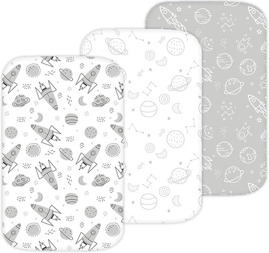 TansyPanda Bassinet Sheets for Angelbliss, Koolerthings, and Koola Baby Bassinet Bedside Sleeper, 3 Pack, 33x20 inch, Ultra Soft, Breathable, Snug Fit, Unisex Boys Girls, Gray White (Space Rockets)
