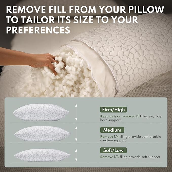 Cooling Pillows King Size Set of 2 - Shredded Memory Foam Pillow for Sleeping 2 Pack, Adjustable Cool Bed Pillows for Side, Back, and Stomach Sleepers, Gel Pillow Washable Removable Cover