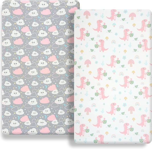 FHMJYHPack n Play Fitted Sheet. 2 Piece Mini Crib Sheet. Elastic Playard Sheet. Portable Sheet Set. Elastic Convertible Playard Set. Compatible with Graco Pack n Play. (Dinosaur Eggs and Cloud Baby)