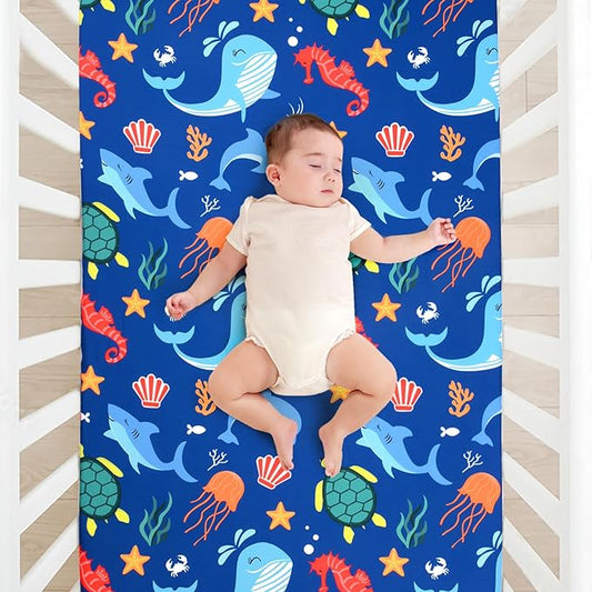 JISEN Baby Crib Sheets Soft Breathable Fitted Crib Sheets Baby Sheet for Standard Crib and Toddler Mattress Baby Bed Sheets for Crib for Baby Boys Girls Neutral 52x28 Inch Whales