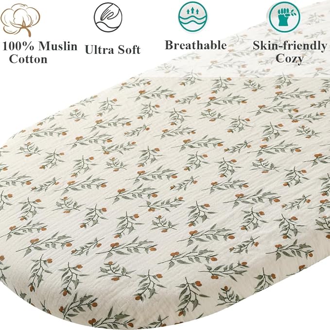 Muslin Bassinet Sheet Compatible with Baby Delight Beside Me Dreamer Bassinet, 2 Pack Cotton Stylish Boho Fitted Bassinet Sheets Super Soft for Baby Roman Green & Botanical Leaf