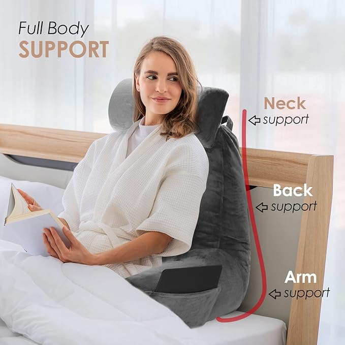 Nestl Reading Pillow Large Bed Pillow, Back Pillow for Sitting in Bed Shredded Memory Foam Chair Pillow, Reading & Bed Rest Pillows Grey Back Pillow for Bed, Bed Chair Arm Pillow with Pockets